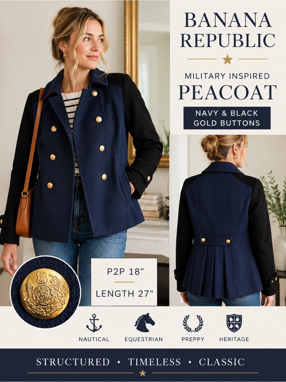 Banana Republic Navy Black Colorblock Military Peacoat Gold Buttons Size S